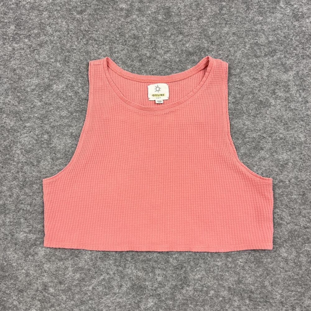 Offline By Aerie Tank Womens XS Coral Pink Cropped Waffle Knit Summer Casual